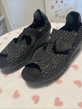 Black Woven Stretch Women's Sandals with Subtle Sparkle - Comfort Slip-On